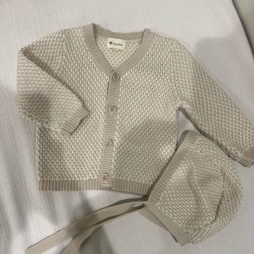 Looms Beige Knit Baby Cardigan and Bonnet Set